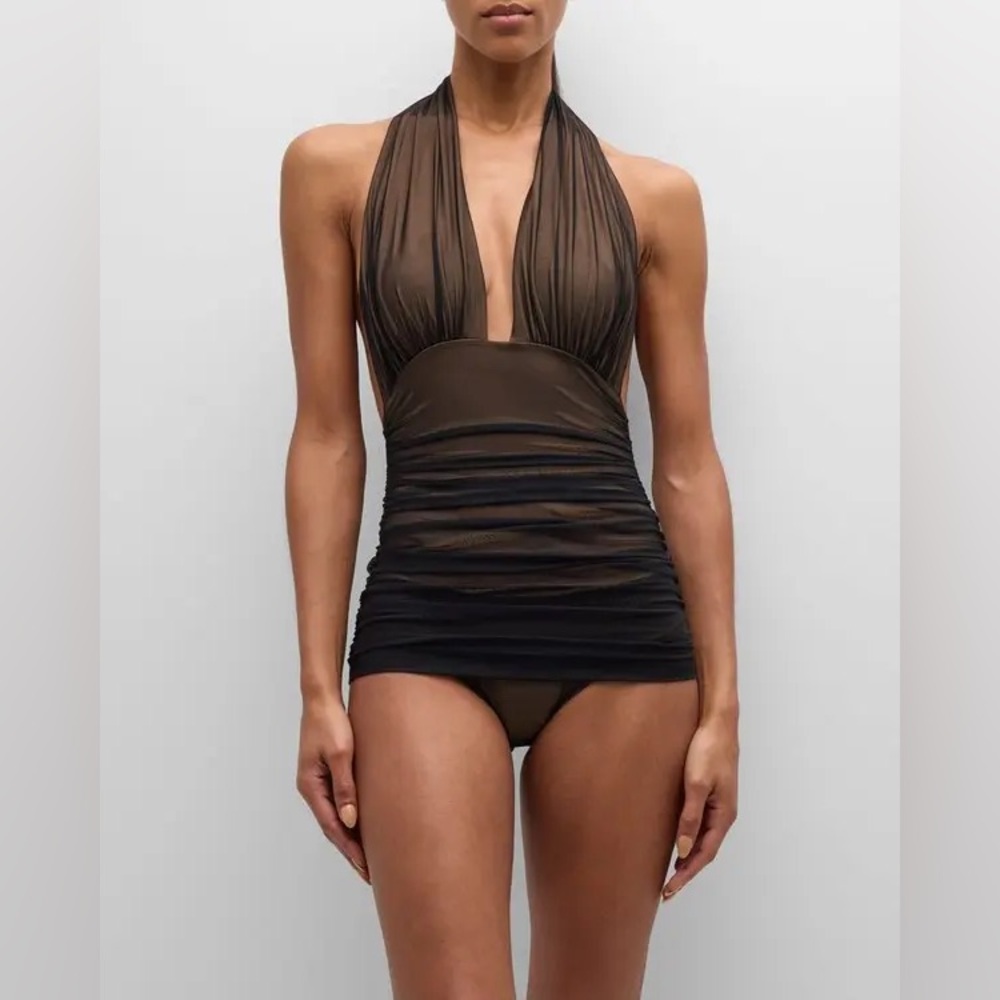 Norma Kamali Brown One-Piece Bill Ruched-Mesh Halter Maillot Swimsuit - Picture 8 of 8